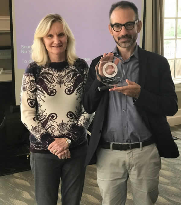 Dr. Nathan Kravis received honorary membership in VPsaS from Dr. Kathleen Dring after his presentation in October 2018